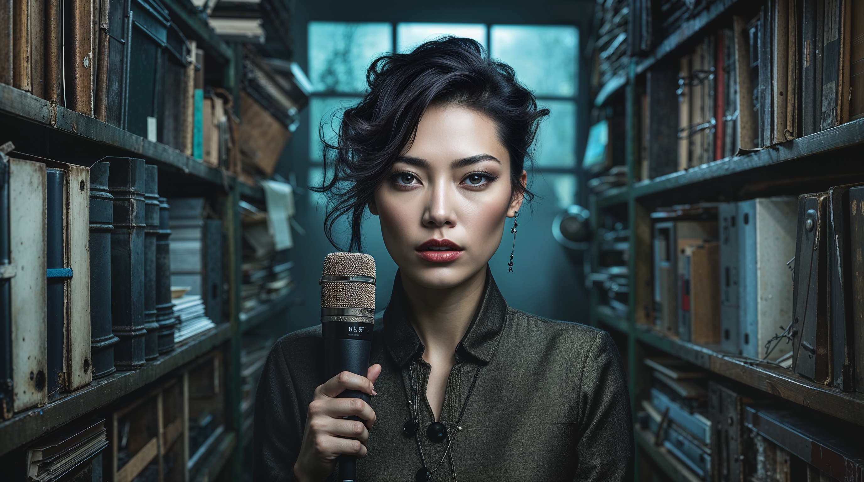 Ania in a dimly lit archive room, microphone in hand